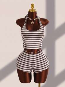 Swim Vcay Set Pakaian Renang Premium Wanita untuk Liburan Pantai Musim Semi/Panas/Musim Gugur/Musim Panas/Musim Dingin, Model Camisole Tanpa Punggung Bergaris Lucu dengan Bawahan Bertekstur - Chocolate Brown - View 2