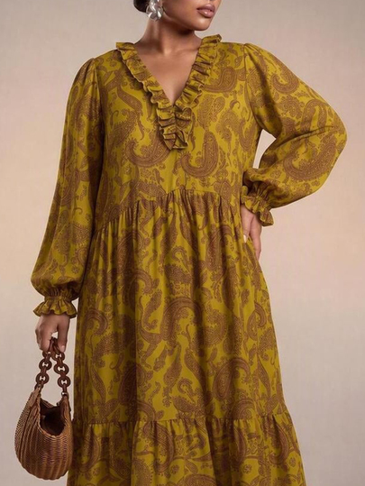 Veslaya 2026 Autumn Women's Plus Size New Arrival Anniversary Graduation Season All-Match Versatile Cruise Travel Casual Comfortable Multi-Occasion Lightweight Fashion Plus Size Apparel Elegant Romantic Boho Floral Print Lace V-Neck Long Sleeve Loose A-Line Dress
