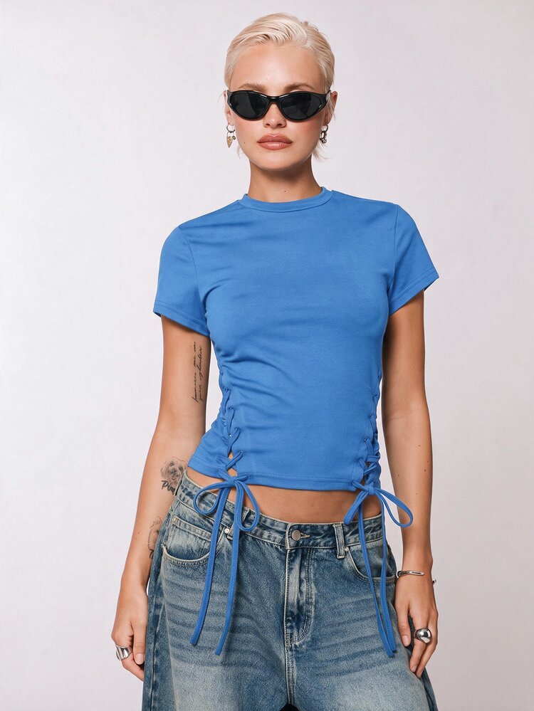 COUREZ Side Lattice Short Sleeve Top /Y2K Black Tee Fall Casual Going Out Top Fall Tops Fall Clothes Going Out Outfits Autumn Clothes Y2K Tops - Royal Blue - View 1