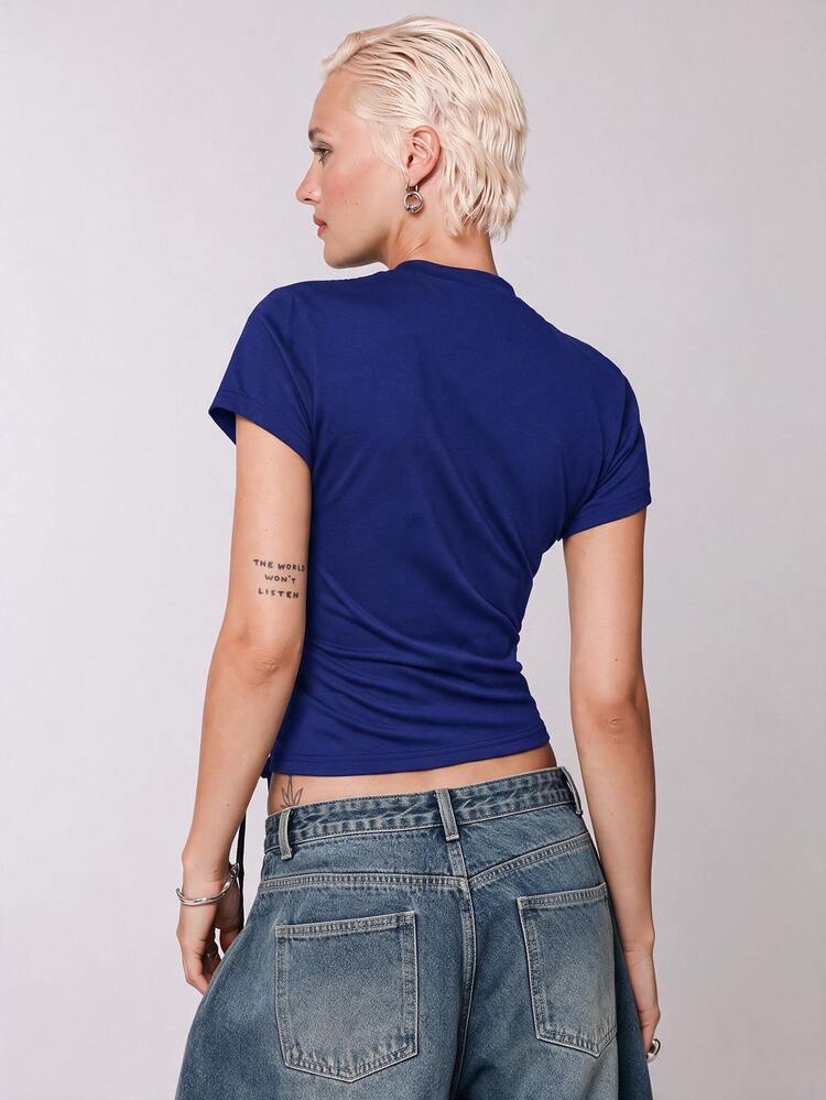 COUREZ Side Lattice Short Sleeve Top /Y2K Black Tee Fall Casual Going Out Top Fall Tops Fall Clothes Going Out Outfits Autumn Clothes Y2K Tops - Navy Blue - View 3
