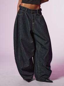 COUREZ Baggy Balloon Jeans With Adjustable Straps In Rinse Wash /Y2K Fall Clothes For Women Women Fall/Winter Pants Autumn Clothes Going Out Outfits  - Black - View 5
