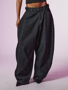 COUREZ Baggy Balloon Jeans With Adjustable Straps In Rinse Wash /Y2K Fall Clothes For Women Women Fall/Winter Pants Autumn Clothes Going Out Outfits  - Black - View 4