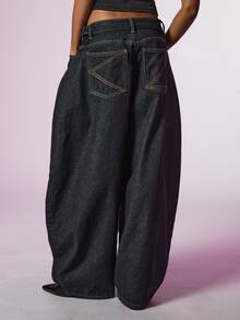COUREZ Baggy Balloon Jeans With Adjustable Straps In Rinse Wash /Y2K Fall Clothes For Women Women Fall/Winter Pants Autumn Clothes Going Out Outfits  - Black - View 3