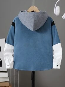 SHEIN 兒童青少年男孩休閒學院風拼接連帽長袖襯衫，適合通勤、上學、日常休閒外出、運動，秋冬穿著 - 藍色 - 查看 6