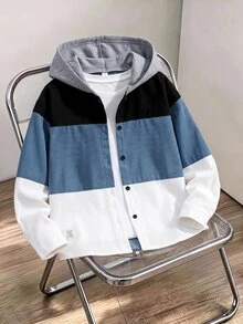 SHEIN 兒童青少年男孩休閒學院風拼接連帽長袖襯衫，適合通勤、上學、日常休閒外出、運動，秋冬穿著 - 藍色 - 查看 2