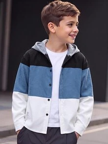 SHEIN 兒童青少年男孩休閒學院風拼接連帽長袖襯衫，適合通勤、上學、日常休閒外出、運動，秋冬穿著 - 藍色 - 查看 4