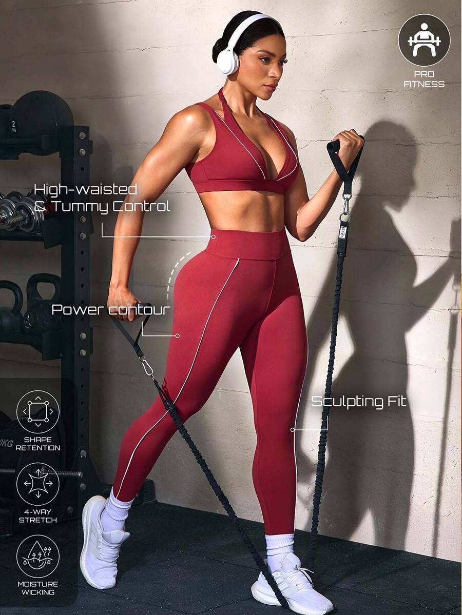 Solea Cove Solea Cove Set 2 Potong Bra Olahraga dan Legging Wanita Musim Semi/Panas Warna Putih & Merah Marun dengan Trim Kontras - Burgundy - View 1