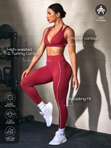 Solea Cove Solea Cove Set 2 Potong Bra Olahraga dan Legging Wanita Musim Semi/Panas Warna Putih & Merah Marun dengan Trim Kontras - Burgundy - View 8