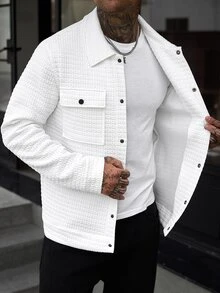 Manfinity CasualCool Men's White Casual Autumn Jacket,Versatile Holiday Button Up Shacket,Textured Workwear Office Business Pocket Shirt - White - View 5