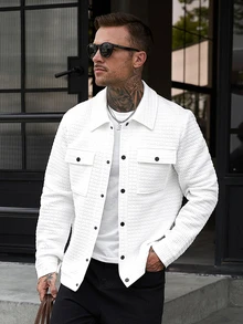 Manfinity CasualCool Men's White Casual Autumn Jacket,Versatile Holiday Button Up Shacket,Textured Workwear Office Business Pocket Shirt - White - View 1