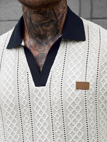 Manfinity CasualCool 男士休閒 INS 風格白色紋理布料日常街頭風拼色拼接 Polo 衫，送給男友/丈夫的禮物，週年紀念禮物 - 白色 - 查看 5