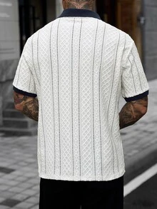Manfinity CasualCool 男士休閒 INS 風格白色紋理布料日常街頭風拼色拼接 Polo 衫，送給男友/丈夫的禮物，週年紀念禮物 - 白色 - 查看 3