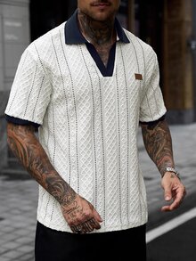 Manfinity CasualCool 男士休閒 INS 風格白色紋理布料日常街頭風拼色拼接 Polo 衫，送給男友/丈夫的禮物，週年紀念禮物 - 白色 - 查看 6