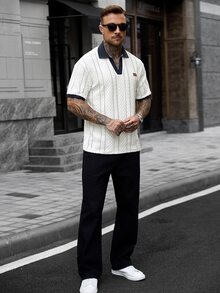 Manfinity CasualCool 男士休閒 INS 風格白色紋理布料日常街頭風拼色拼接 Polo 衫，送給男友/丈夫的禮物，週年紀念禮物 - 白色 - 查看 7