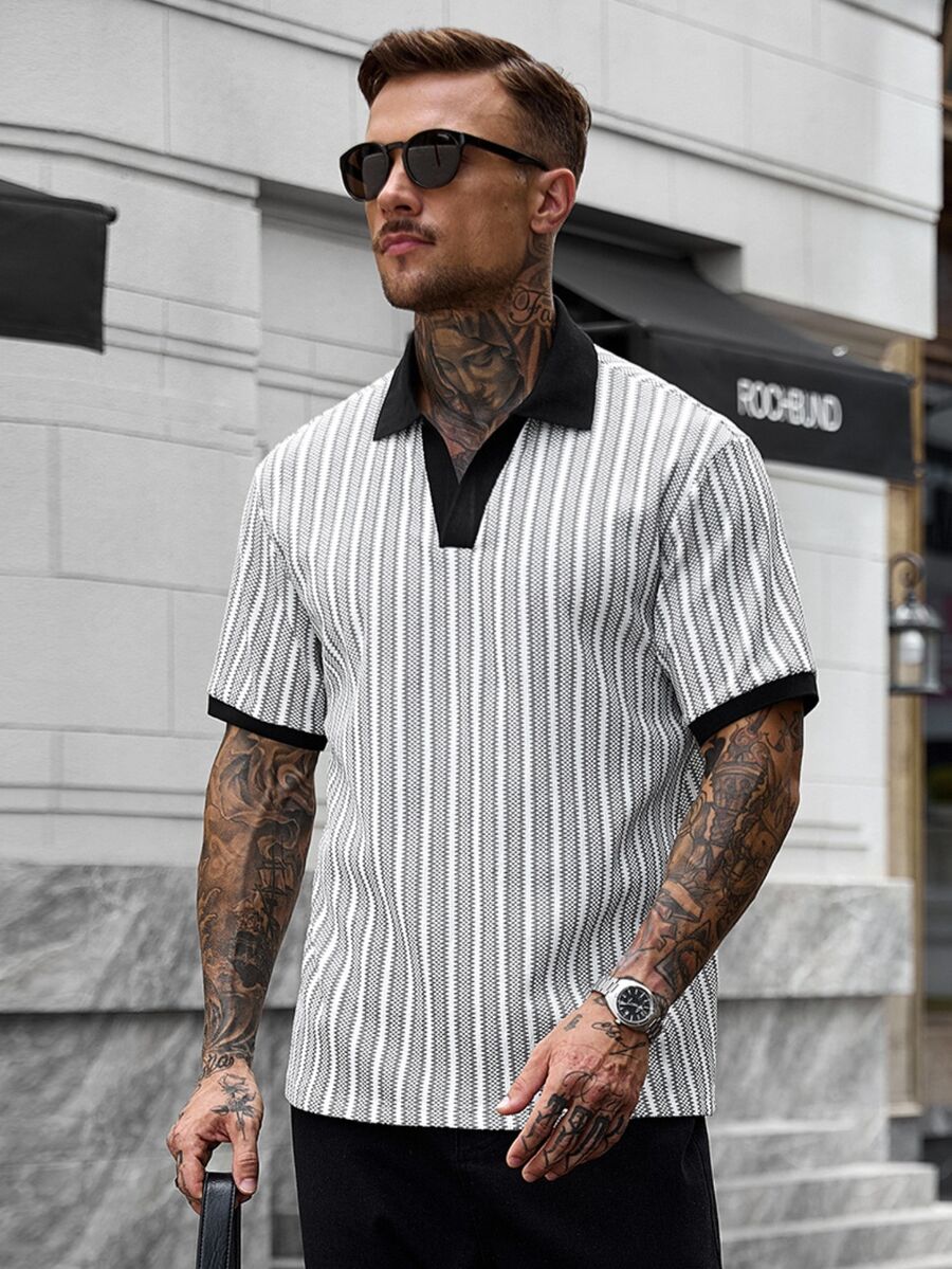 Manfinity CasualCool 男士休閒 INS 風格對比條紋紋理布料日常街頭穿搭男友丈夫禮物週年紀念禮物對比拼接 Polo 衫 - 彩色 - 查看 1