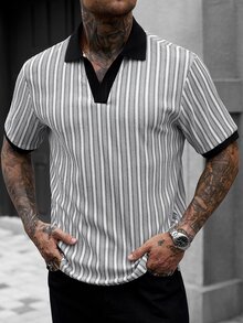 Manfinity CasualCool 男士休閒 INS 風格對比條紋紋理布料日常街頭穿搭男友丈夫禮物週年紀念禮物對比拼接 Polo 衫 - 彩色 - 查看 4