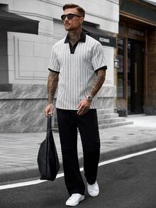 Manfinity CasualCool 男士休閒 INS 風格對比條紋紋理布料日常街頭穿搭男友丈夫禮物週年紀念禮物對比拼接 Polo 衫 - 彩色 - 查看 6