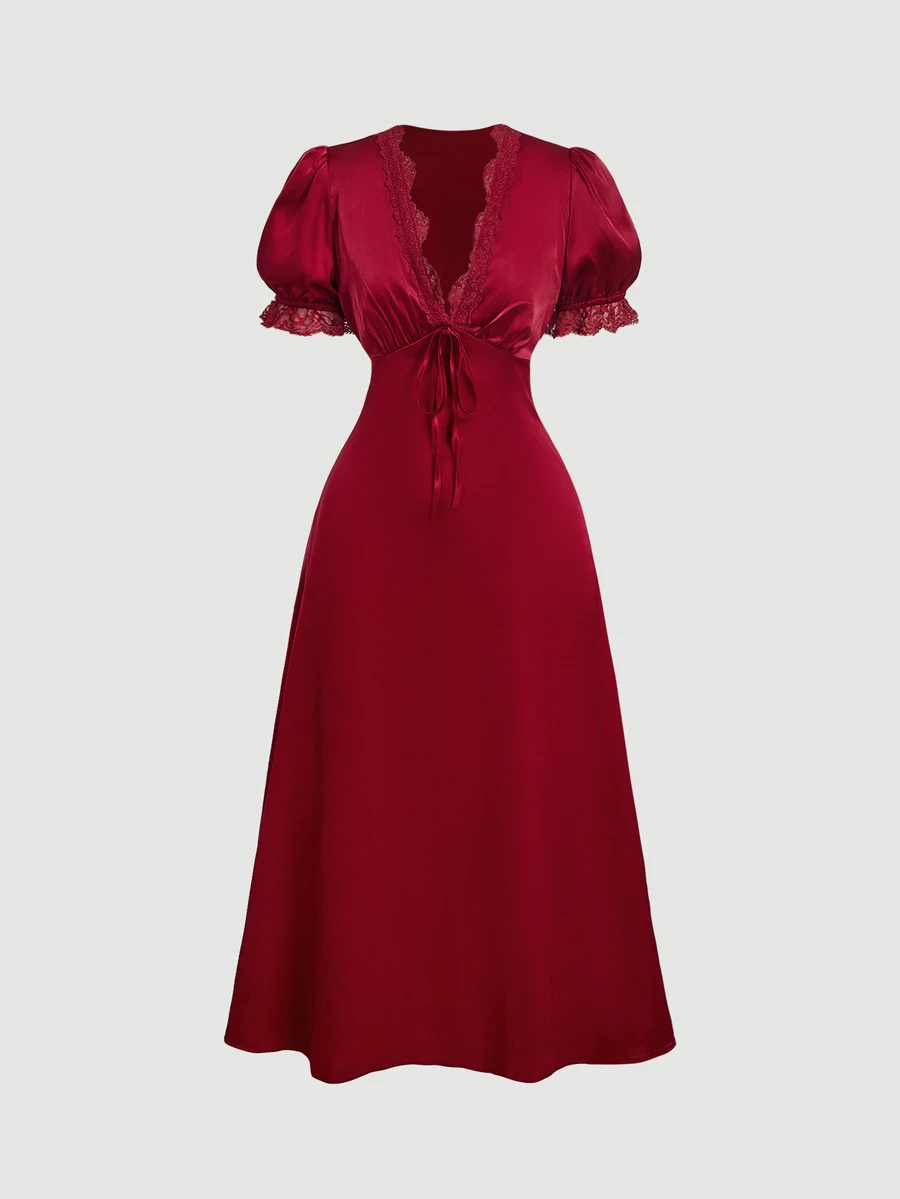 SHEIN MOD Women's Lace Patchwork Pleated Casual Party Midi Dress - Red - View 1
