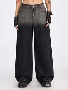 ROMWE Grunge Punk Plus Size Women's Casual Daily Denim Jeans With Pockets And Buttons - Dark Grey - View 2