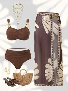 Swim Oasis 2026 Summer New Plus Size Women's Fashionable Slimming Digital Print Bikini Set + Beach Wrap Skirt - Brown - View 1