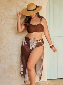Swim Oasis 2026 Summer New Plus Size Women's Fashionable Slimming Digital Print Bikini Set + Beach Wrap Skirt - Brown - View 8