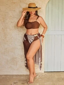 Swim Oasis 2026 Summer New Plus Size Women's Fashionable Slimming Digital Print Bikini Set + Beach Wrap Skirt - Brown - View 3