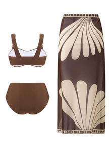 Swim Oasis 2026 Summer New Plus Size Women's Fashionable Slimming Digital Print Bikini Set + Beach Wrap Skirt - Brown - View 2