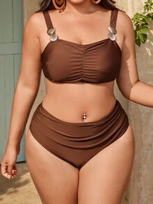 Swim Oasis 2026 Summer New Plus Size Women's Fashionable Slimming Digital Print Bikini Set + Beach Wrap Skirt - Brown - View 5