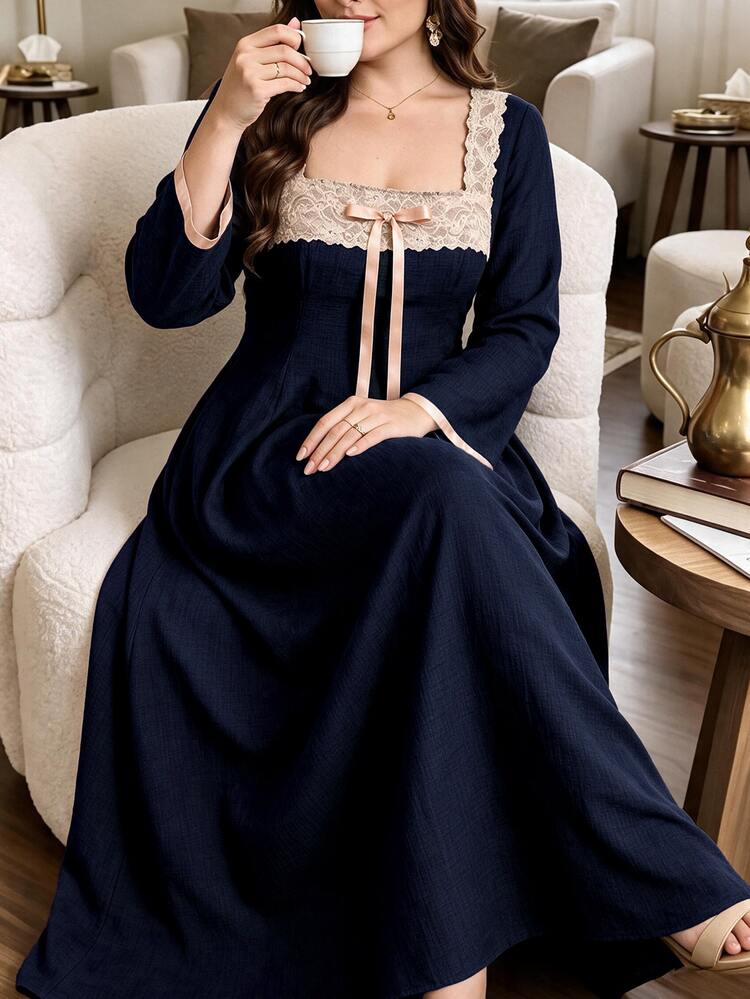 Lacomfia Gaun Wanita Ukuran Besar Warna Polos dengan Leher Persegi, Lengan Panjang, Hiasan Pita Kontras Renda, Desain Elegan, Tekstur Jacquard Mewah, Cocok untuk Musim Gugur/Dingin - Navy Blue - View 1