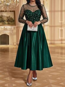 Fleurora Plus Size Women's Contrast Mesh Round Neck Long Sleeve Pleated Design Elegant Celestial Dress Wedding Dinner Formal Emerald Green Autumn - Dark Green - View 4