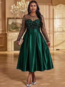 Fleurora Plus Size Women's Contrast Mesh Round Neck Long Sleeve Pleated Design Elegant Celestial Dress Wedding Dinner Formal Emerald Green Autumn - Dark Green - View 5