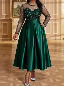 Fleurora Plus Size Women's Contrast Mesh Round Neck Long Sleeve Pleated Design Elegant Celestial Dress Wedding Dinner Formal Emerald Green Autumn - Dark Green - View 3