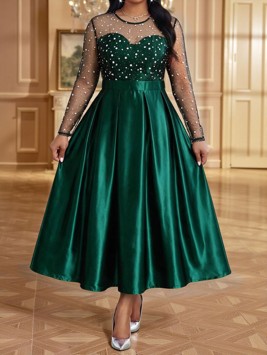 Fleurora Plus Size Women's Contrast Mesh Round Neck Long Sleeve Pleated Design Elegant Celestial Dress Wedding Dinner Formal Emerald Green Autumn - Dark Green - View 1