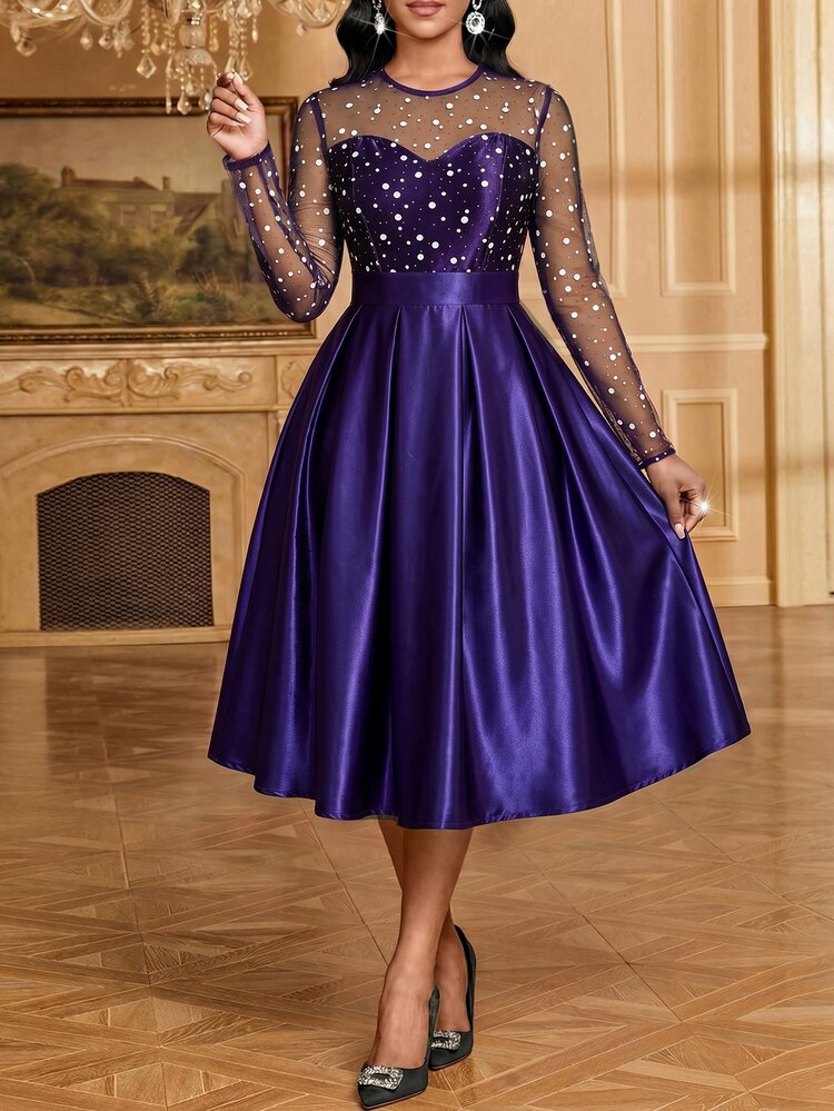 Fleurora Women's High Waist Long Sleeve Midi Dress Night Party Purple Polka Dot Fall Romantic Elegant - Purple - View 6