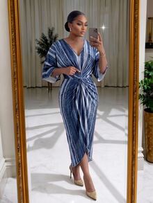 SHEIN Lady Women's Plus Size Blue White Stripe Waist Knot Batwing Sleeve Dress Cocktail Party Fall Elegant - Blue - View 4