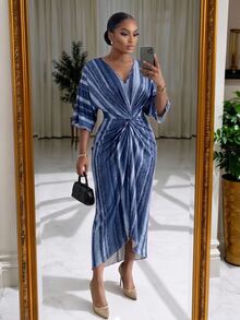 SHEIN Lady Women's Plus Size Blue White Stripe Waist Knot Batwing Sleeve Dress Cocktail Party Fall Elegant - Blue - View 3