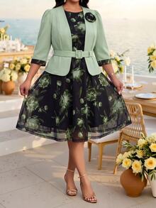 Fleurora Plus Size Floral Print Vintage Dress With Elegant Jacket 2 Pieces Set - Multicolor - View 2