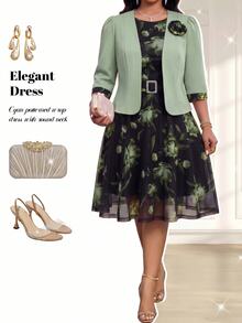 Fleurora Plus Size Floral Print Vintage Dress With Elegant Jacket 2 Pieces Set - Multicolor - View 3