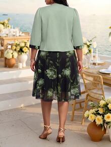 Fleurora Plus Size Floral Print Vintage Dress With Elegant Jacket 2 Pieces Set - Multicolor - View 6