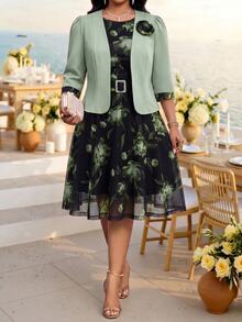 Fleurora Plus Size Floral Print Vintage Dress With Elegant Jacket 2 Pieces Set - Multicolor - View 1