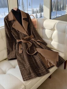 Reflora 大尺碼女款格紋長袖口袋休閒長版大衣 - 彩色 - 查看 1