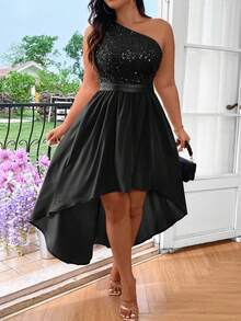 SHEIN Belle Plus Size Solid Color Asymmetrical Neckline Sequin Patchwork Short Front Long Back Sleeveless Dress Maxi Women Outfit - Black - View 4
