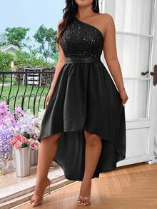 SHEIN Belle Plus Size Solid Color Asymmetrical Neckline Sequin Patchwork Short Front Long Back Sleeveless Dress Maxi Women Outfit - Black - View 3