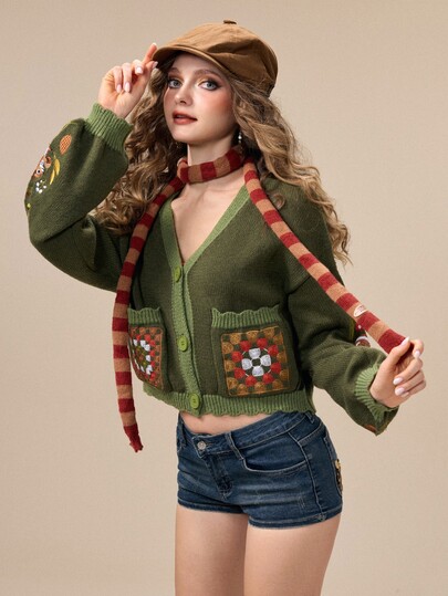 Autumn/Winter Fairycore Squirrel & Botanical Fruit Embroidered Green Women's Cardigan
