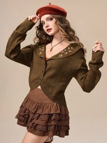 ROMWE Fairycore Autumn/Winter Boho Fairy Floral Embroidered Brown Peter Pan Collar Women's Cardigan - Brown - View 1