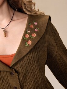 ROMWE Fairycore Autumn/Winter Boho Fairy Floral Embroidered Brown Peter Pan Collar Women's Cardigan - Brown - View 4