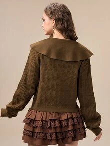 ROMWE Fairycore Autumn/Winter Boho Fairy Floral Embroidered Brown Peter Pan Collar Women's Cardigan - Brown - View 3