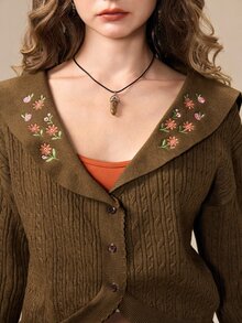 ROMWE Fairycore Autumn/Winter Boho Fairy Floral Embroidered Brown Peter Pan Collar Women's Cardigan - Brown - View 2
