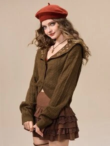 ROMWE Fairycore Autumn/Winter Boho Fairy Floral Embroidered Brown Peter Pan Collar Women's Cardigan - Brown - View 9