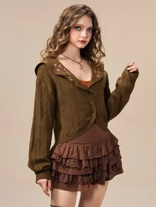ROMWE Fairycore Autumn/Winter Boho Fairy Floral Embroidered Brown Peter Pan Collar Women's Cardigan - Brown - View 5
